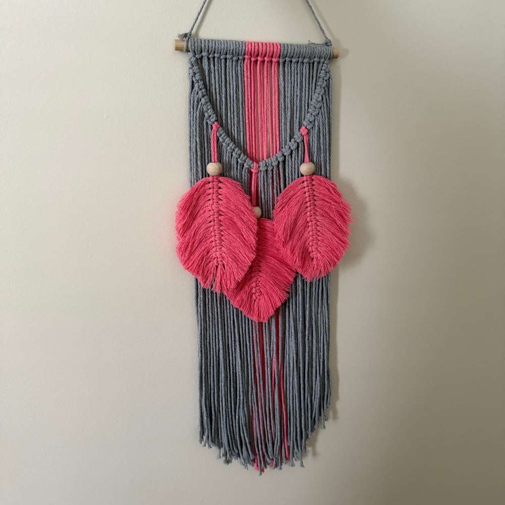 Gray and Pink Macrame Leaves Wall Hanging